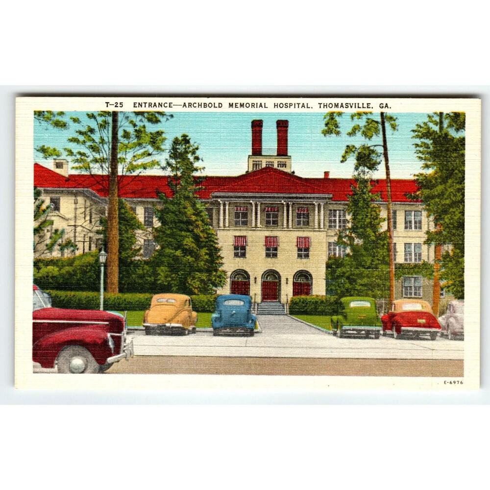 Archbold Memorial Hospital Old Cars Thomasville Georgia Postcard Linen Vintage